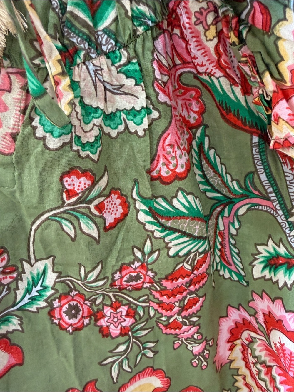 THML Olive Green Floral Ruffle-Sleeveless Top with Tassel Tie - Picture 3 of 4
